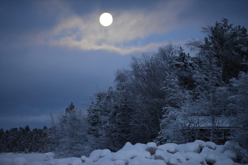 Escursione con le racchette da neve con la luna piena